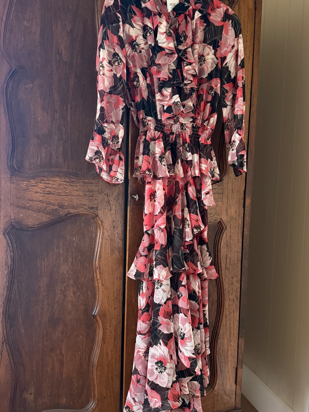 Misa Pink and Black Floral Ruffle Maxi Dress